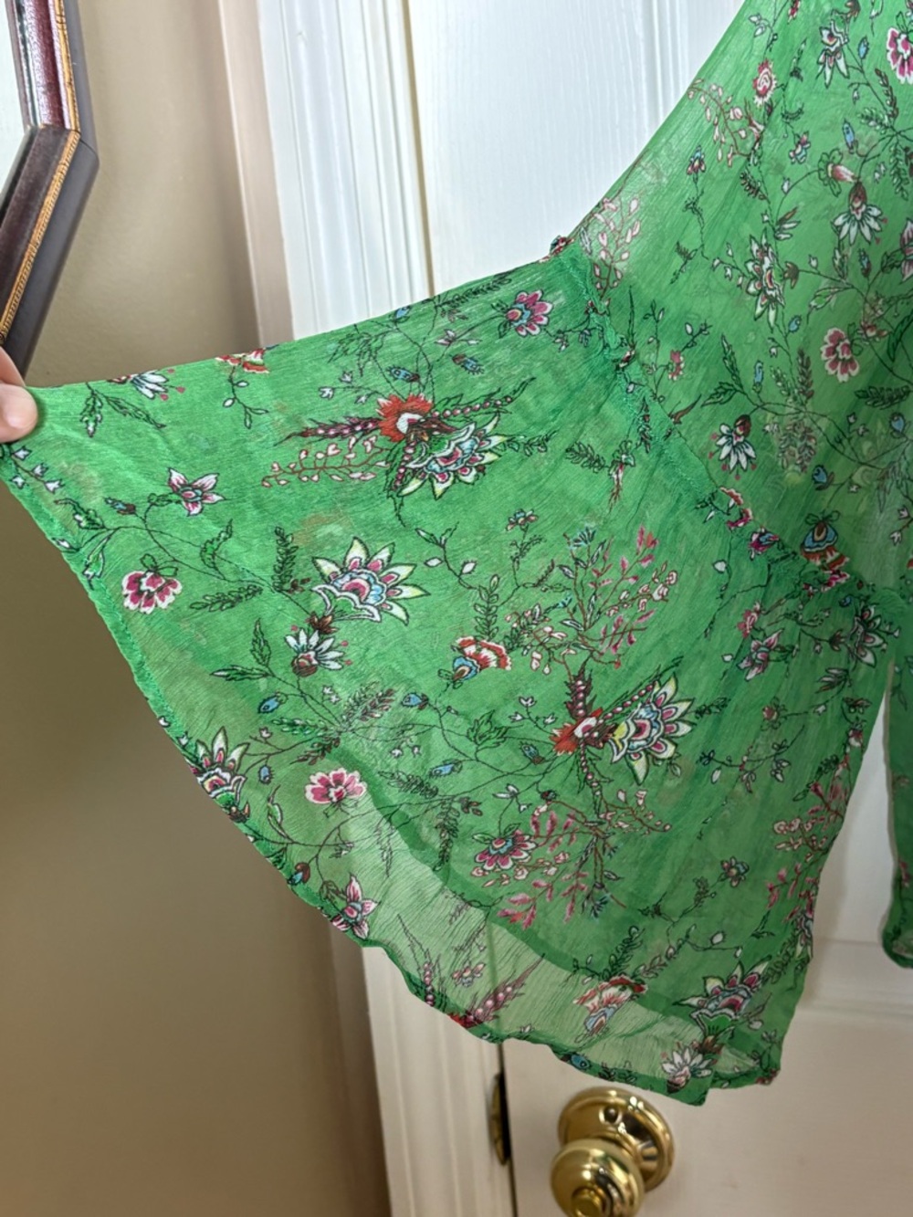 Sundance Green Floral Boho Blouse Flare Sleeve Ruffle Hem - Picture 4 of 11